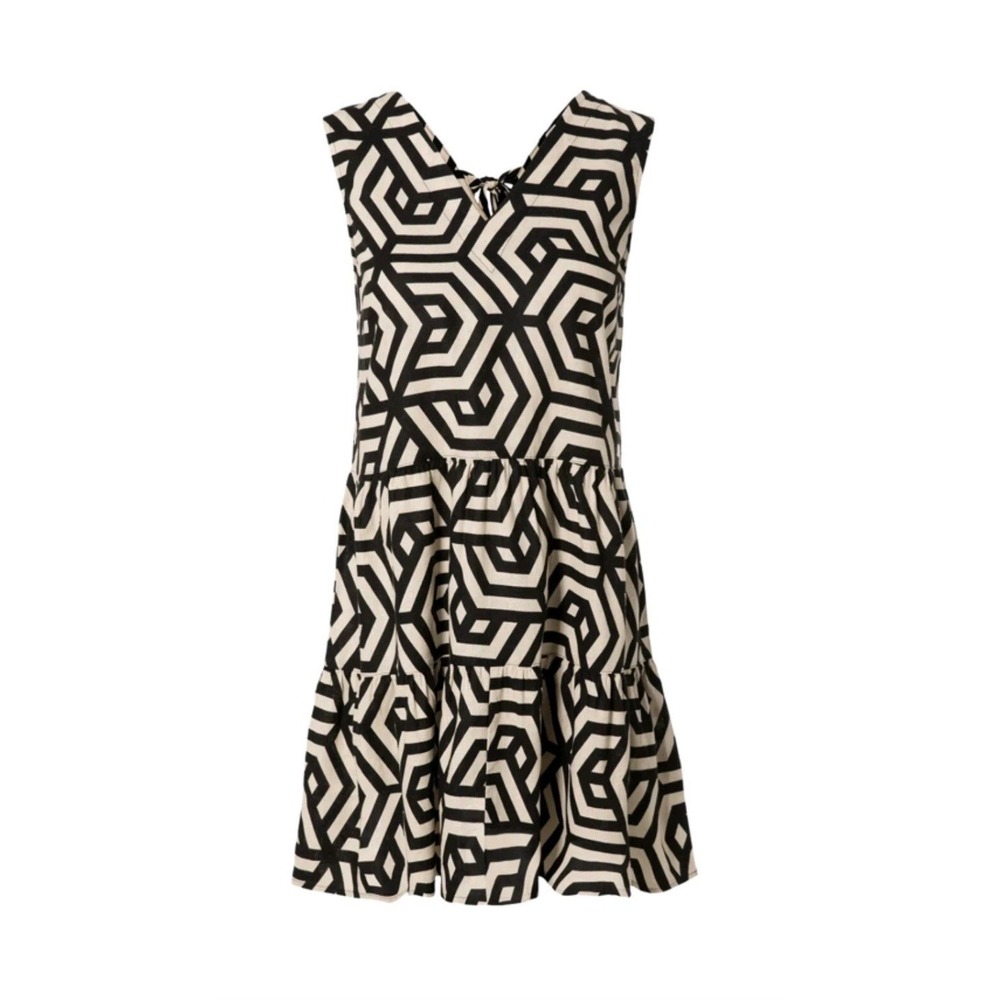Sz 12 Esmara Womens linen dress v-neck decorative bow on back Geometric Print